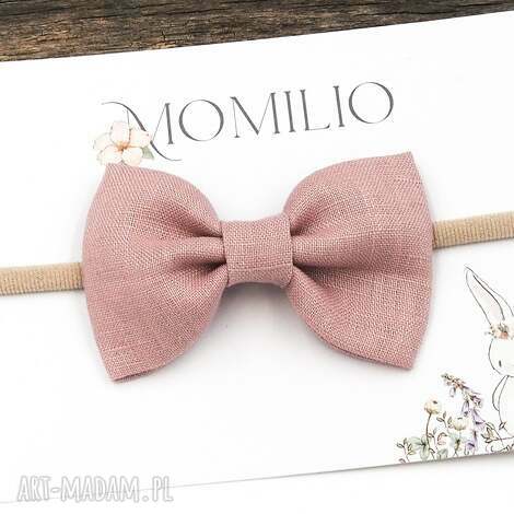 Opaska do włosów kokardka z lnu Dusty Pink (8x5 cm) - ręcznie robiona dla dziewczynki art-Madam.pl