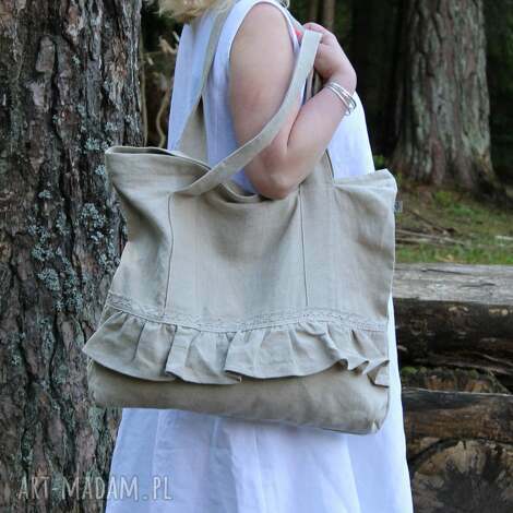 Torba lniana z falbaną - 100% naturalny len 56x50 cm