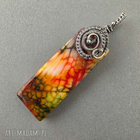 Lil - ognisty agat w oksydowanym srebrze - wisiorek wire-wrapping, jesienny wisior