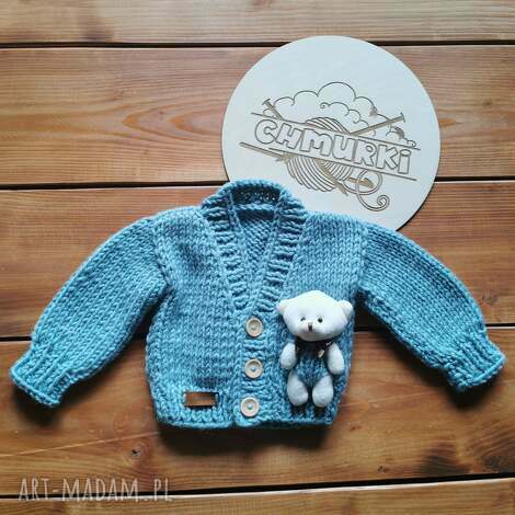 sweterek z misiem drutach dzieci, chłopczyk, prezent, wyprawka