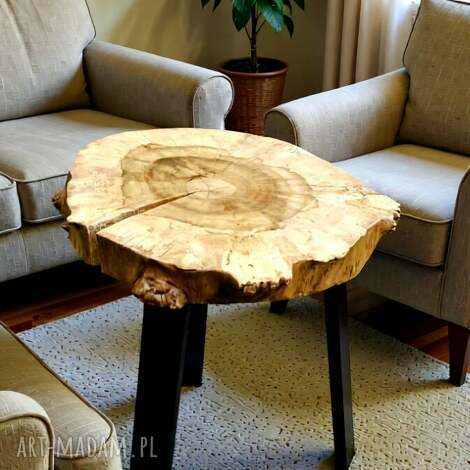 wyjątkowy stolik z litego drewna tulipanowca - rękodzieło średnica 50 cm zegar