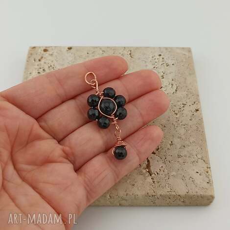 Wisiorek z miedzi i onyksu - wire wrapping, ręcznie robiony