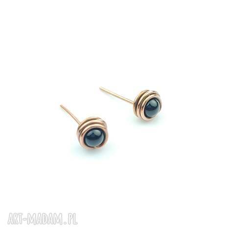 Kolczyki sztyfty z onyksu - miedziane wire wrapping, oksydowane (handmade)