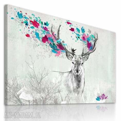 Obraz na płótnie 120x80 cm Jeleń jesienią - turkusowo-różowy klimat do salonu