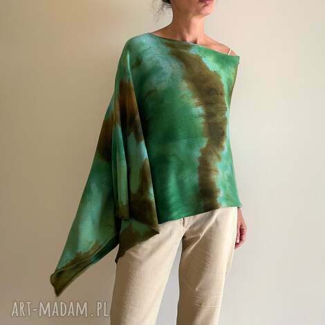 Narzutka poncho z bawełny - zieleń i brąz handmade