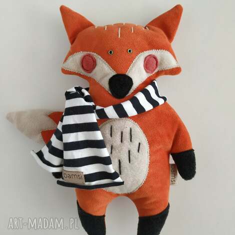 lis z szalikiem w pasy fox, prezent, pluszak, wyjątkowy, skandynawski design