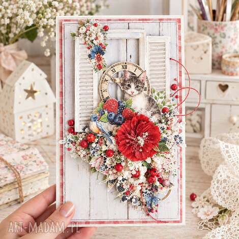 Kartka urodzinowa z kotem handmade - scrapbooking