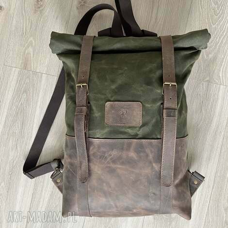 Brązowo-zielony plecak vintage handmade - skóra Crazy Horse i Wax Cotton
