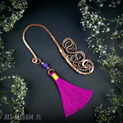 Miedziana zakładka do książki z agatem i chwostem - wire wrapping