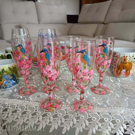 kieliszek do szampana kwiaty i zimorodek, prezent upominek urodziny