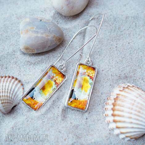 Niebanalne kolczyki wiszące z grafikami w szkle - Sunny Beach (handmade)
