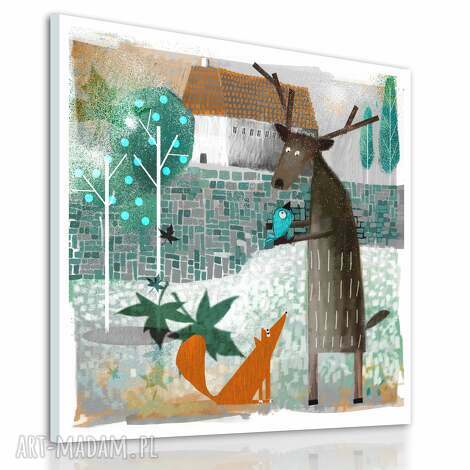 obraz na płótnie - 40x40cm lisek, jeleń i ptak wysyłka w 24h 0611