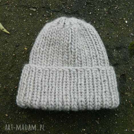 Ciepła czapka wywijana 100% wełna beżowa unisex - ręcznie robiona (56-59 cm)