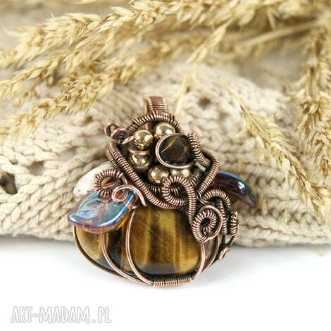 Wisiorek z tygrysim okiem - miedziany wire wrapping dla niej (handmade) - art-Madam.pl