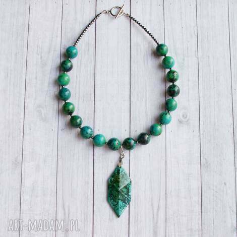 Unikatowy naszyjnik INKY GREEN z żywicy, chryzokoli i hematytu - handmade