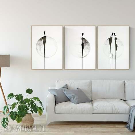 Zestaw 3 czarno-białych grafik ręcznie wykonanych na zamówienie 50 x 70 cm - minimalistyczna abstrakcja