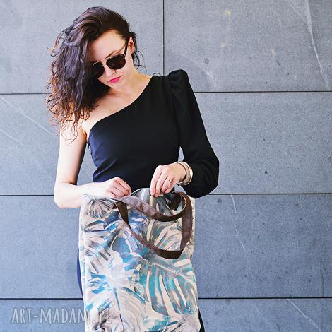 Torba Mr M Monstera Blue - uszy z naturalnej skóry, shopper na ramię