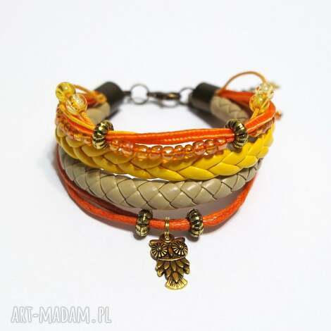 Pomarańczowa bransoletka z sową na rzemieniach handmade