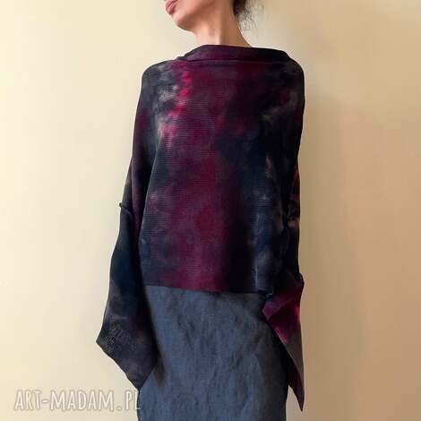 ponczo z wełny merino amarant szary, narzutka zimowa, tunika dzianinowa, unikat