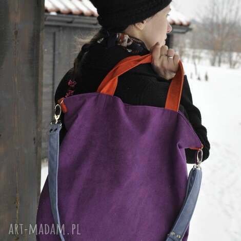 Torba hobo XXL z alcantry - fiolet, pomarańcz i szaroniebieski