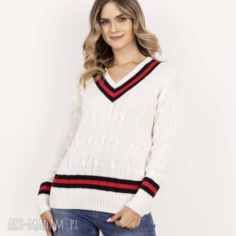 sweter z ozdobnym dekoltem w serek - swe304 ecru/granat/czerwony mkm