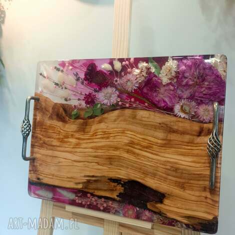 podkładki elegancka deska do serwowania z drewna oliwnego - kwiaty w żywicy