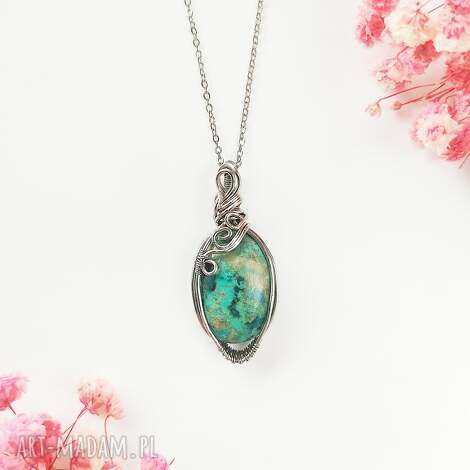 naszyjnik chryzokola stal chirurgiczna wisiorek handmade wirewrapping, prezent