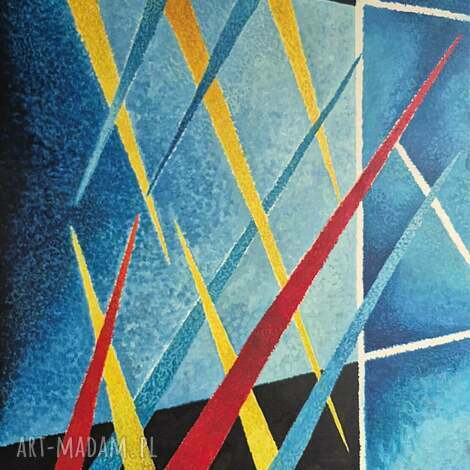 Duży obraz olejny do salonu 100x70 cm - abstrakcja fowizm w błękicie i czerwieni