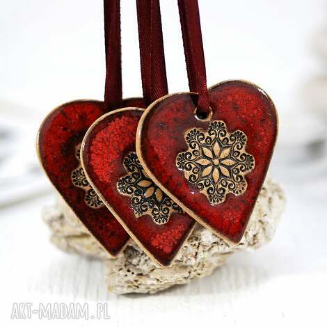 3 serca ceramiczne ozdoby wiszące - lawa, czerwone serce, ozdoba wisząca