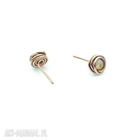 Kolczyki sztyfty z cytrynem - miedziane wire wrapping, oksydowane