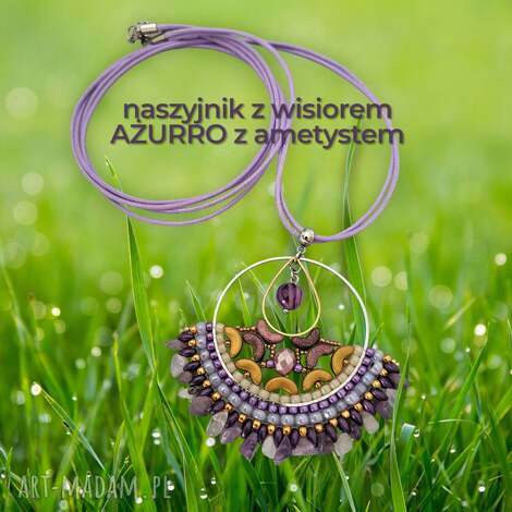 Długi naszyjnik z wisiorkiem ametyst - szklane koraliki w fioletach (handmade)