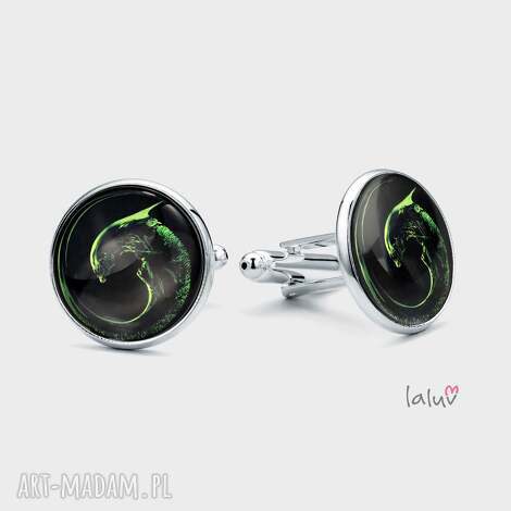 Spinki do mankietów ALIEN - ręcznie robione sci-fi, srebrna baza i grafika pod szkiełkiem