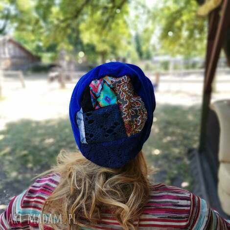 Czapka wiosenna chabrowa patchwork etno boho - rozmiar uniwersalny (handmade)