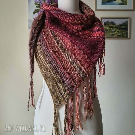 ręcznie na drutach - jarzębina miła, ciekawa chusta z ekskluzywną japońską