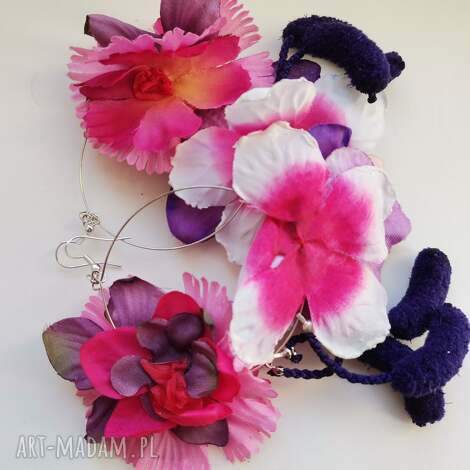 Kolczyki boho bujne koła z kwiatami i frędzlami - Ruda Klara, długie handmade