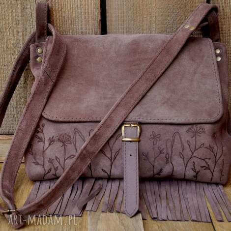 surowa baronowa skóra naturalna bury brąz zamszowa łąka frędzle, torebka boho