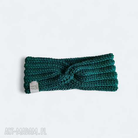 Szydełkowa opaska na głowę butelkowa zieleń - wełna merino i akryl handmade