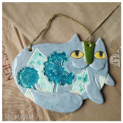 Kot szary wiszący z dmuchawcami - ceramika handmade na ścianę