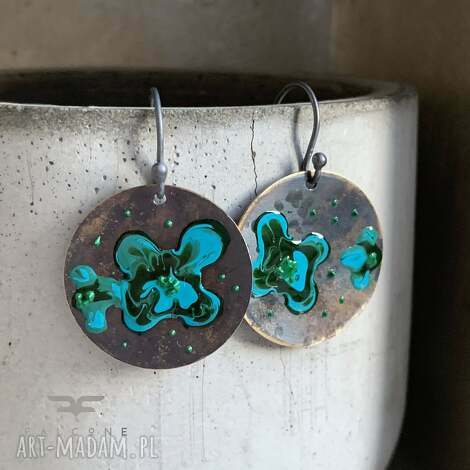 Kolczyki Dark Green Flowers - mosiądz patynowany, emalia i srebro 925