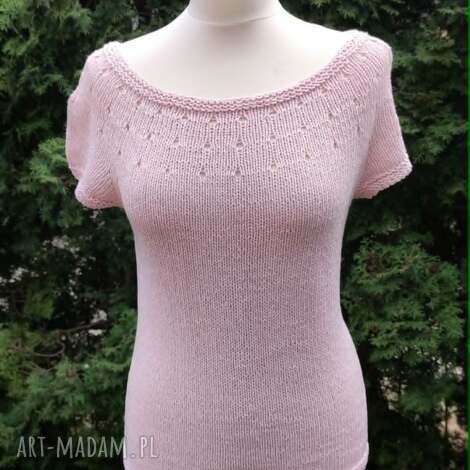 Letni top z ażurem w pudrowym różu - bawełna, len i wiskoza (DROPS Belle) handmade