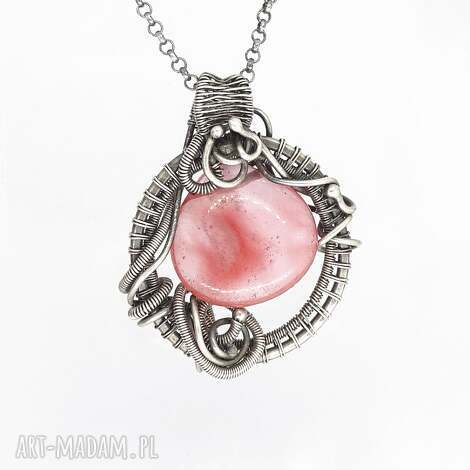 Srebrny naszyjnik z kwarcem wiśniowym - roślinne motywy (unikat wire wrapping)