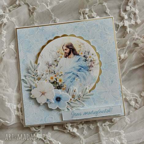 Niebieska kartka wielkanocna z Jezusem - scrapbooking z kopertą (14x14)