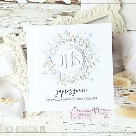 Zaproszenie na Komunię dla chłopca - wzór 99, personalizowane, 13x13 cm + biała koperta