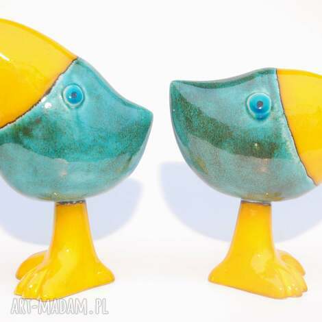 Oto szdoki - para ceramicznych figurek żółty i turkus, ręcznie malowane szkliwami (15 i 19 cm)