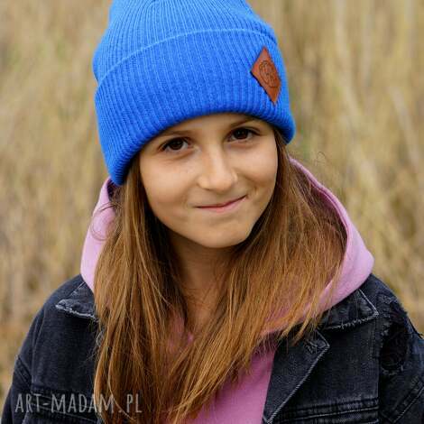 Niebieska czapka beanie dla dziecka Brain Inside z ekoskórką - handmade