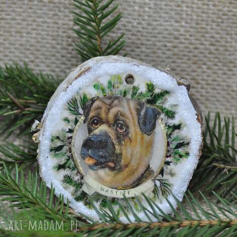 Bombka z plastra brzozy - pies - handmade decoupage z imitacją śniegu