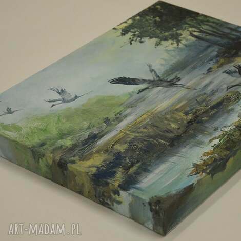 Rozlewisko - ręcznie malowany obraz akrylowy na płótnie z żurawiami (ok. 30x40 cm)