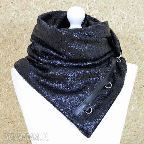 szal połyskujący czarny ze skórą - szalik, komin, tuba błysk