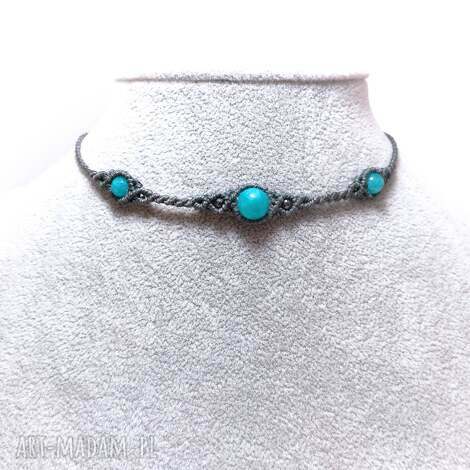 Naszyjnik choker TRIO z amazonitem, agatem i hematytem - mikromakrama handmade