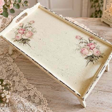 Duża taca śniadaniowa z różami - rozkładana decoupage